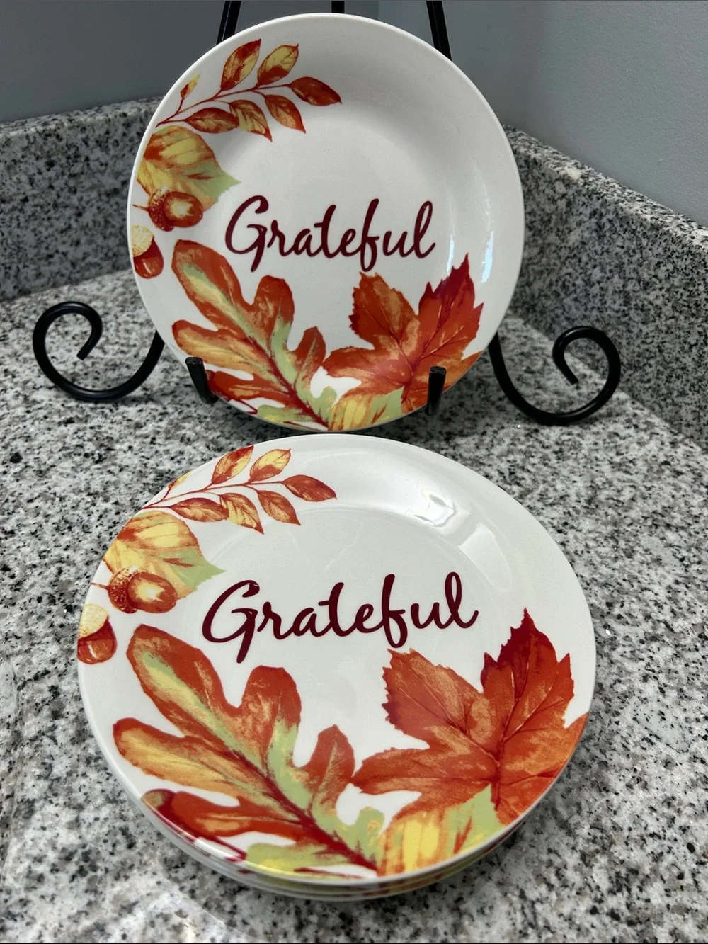 Royal Norfolk Grateful Autumn Leaf Salad Plates White with Orange & Red
